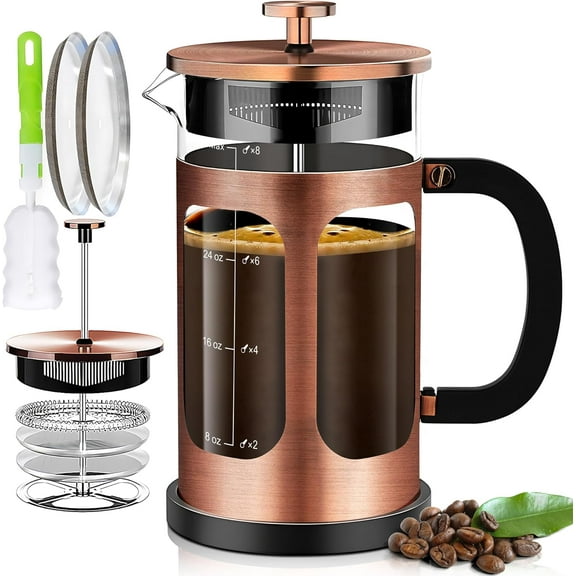 French Press Coffee Maker (34oz 1Quart 5-6Cup) Press, with 4 Filters System, Heat Resistant Thickness Borosilicate Glass, Cold Brew Tea Pot Gifts (Copper)