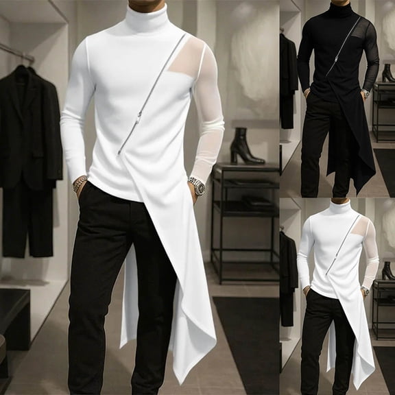 FRSASU Men's Slim Fit Solid Casual Fashion Patchwork Daily Versatile Outdoor Simple Diagonal Zipper Long-Sleeve Shirt White