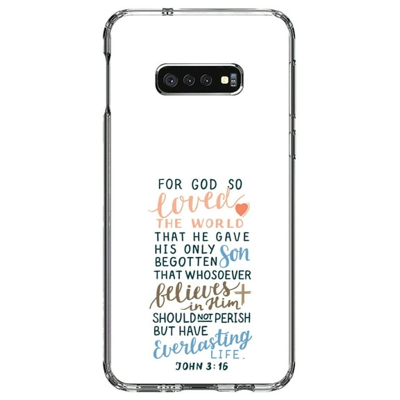 DistinctInk Clear Shockproof Hybrid Case for Samsung Galaxy S10e (5.8" Screen) - TPU Bumper, Acrylic Back, Tempered Glass Screen Protector - John 3:16 - For God So Loved The World