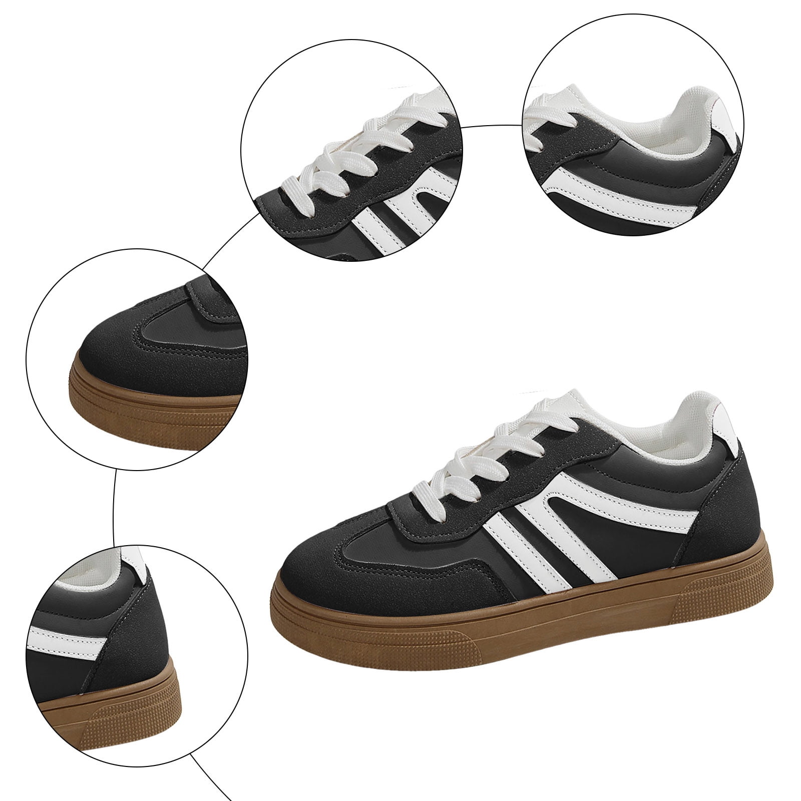 Flat Shoes for Women Vintage Classic Thick Sole Trainers Skate Shoes Splice Suede Lace up Antislip Walking Tennis Shoes Low Top Sneakers Black Size 6.5