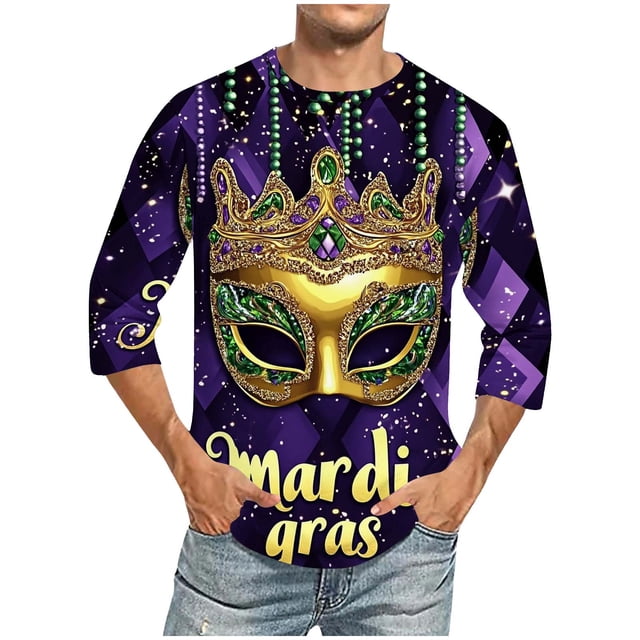 Camisas de Manga Larga para Hombres, Mardi Gras Imprimir Botón Solapa Camisa Casual, Fiesta Superior