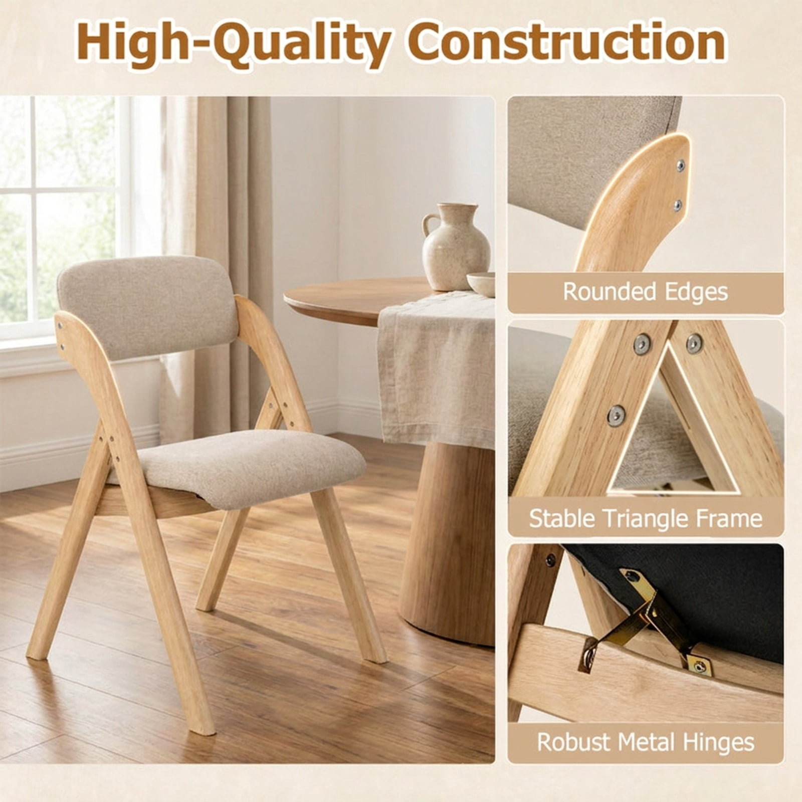 Furnibear Folding Dining Chairs Set of 2 with Cushion for Kitchen Dining Room Living Room Home, Beige