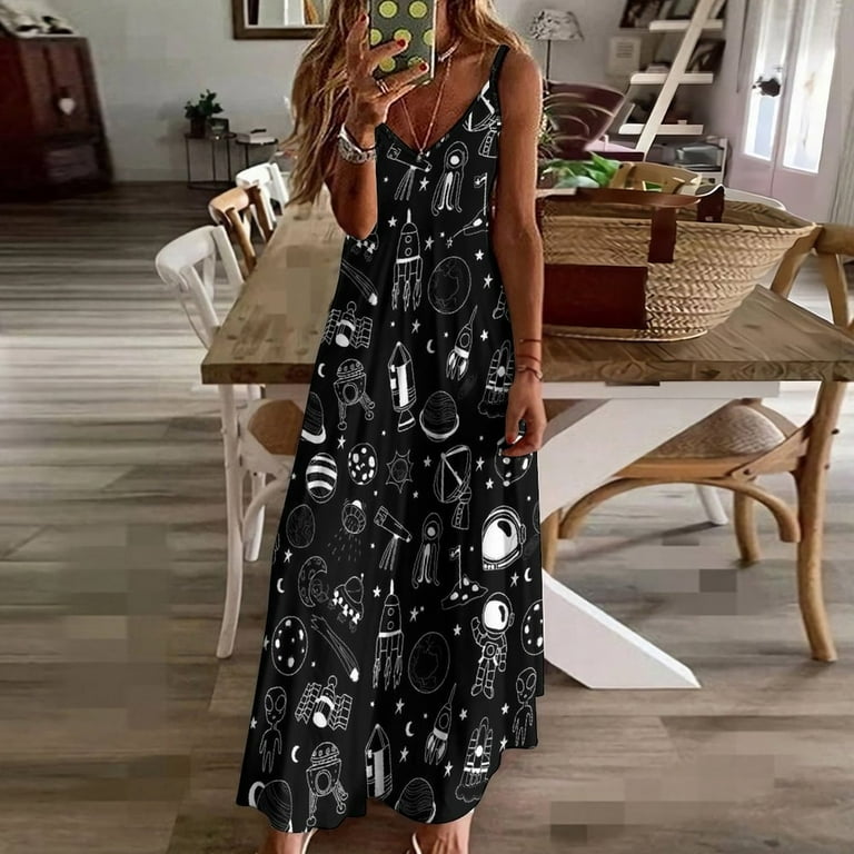 Celestial Space Print Dress Black White Elegant Maxi Dress V Neck