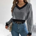 thumbnail image 6 of Sevevn Sweaters for Women Women's Fashion New Winter Casual V-Neck Striped Lantern Sleeve Pullover Navel-Exposed Sweater Christmas Gift, 6 of 7