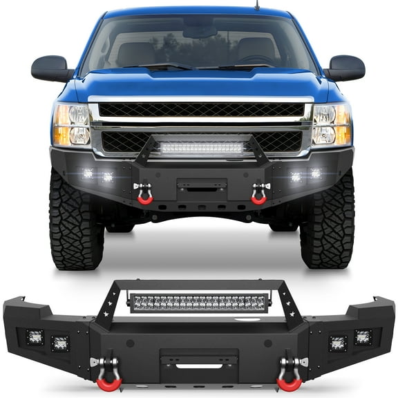 POFENZE 11-14 Chevy Silverado 2500/3500 Front Bumper Full Width Offroad Bumper w/Winch Plate Lights D-rings