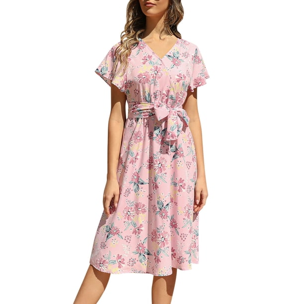 Gibobby Vestido de gasa de verano para mujer Mujeres Casual Fashion vestido Floral imprimió Bohemia V cuello elegante Sexy vestido A Line manga corta Casual Mid(Rosa,XL)