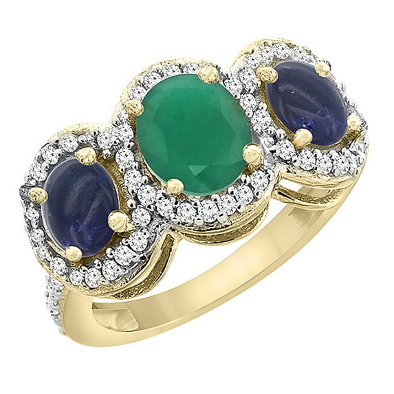 10K Yellow Gold Natural HQ Emerald & Lapis 3-Stone Ring Oval Diamond Accent, size 5