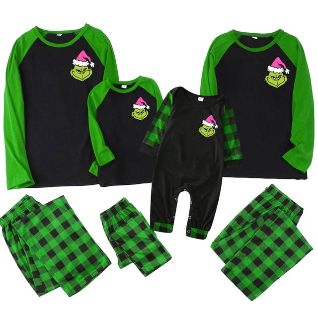 Conjuntos de pijamas navideños familiares a juego Grinch 2024, pijama de Grinch con parte superior y pantalones de pijama a cuadros, pijama de Grinch para niños y adultos para la familia, 3 Meses