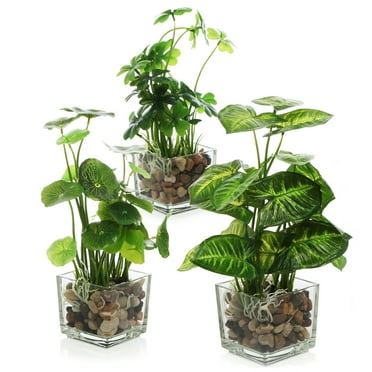 MyGift Set of 3 Artificial Plants, Faux Tabletop Greenery w/ Clear Glass Pots
