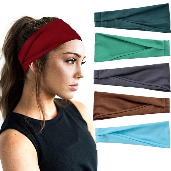 Unisex Solid Color Sports Headband, 5-Pack Wide Sweatband for Workouts, Yoga Headband, Running Headband, Sweat Absorbent Athletic Head Wrap-Blue