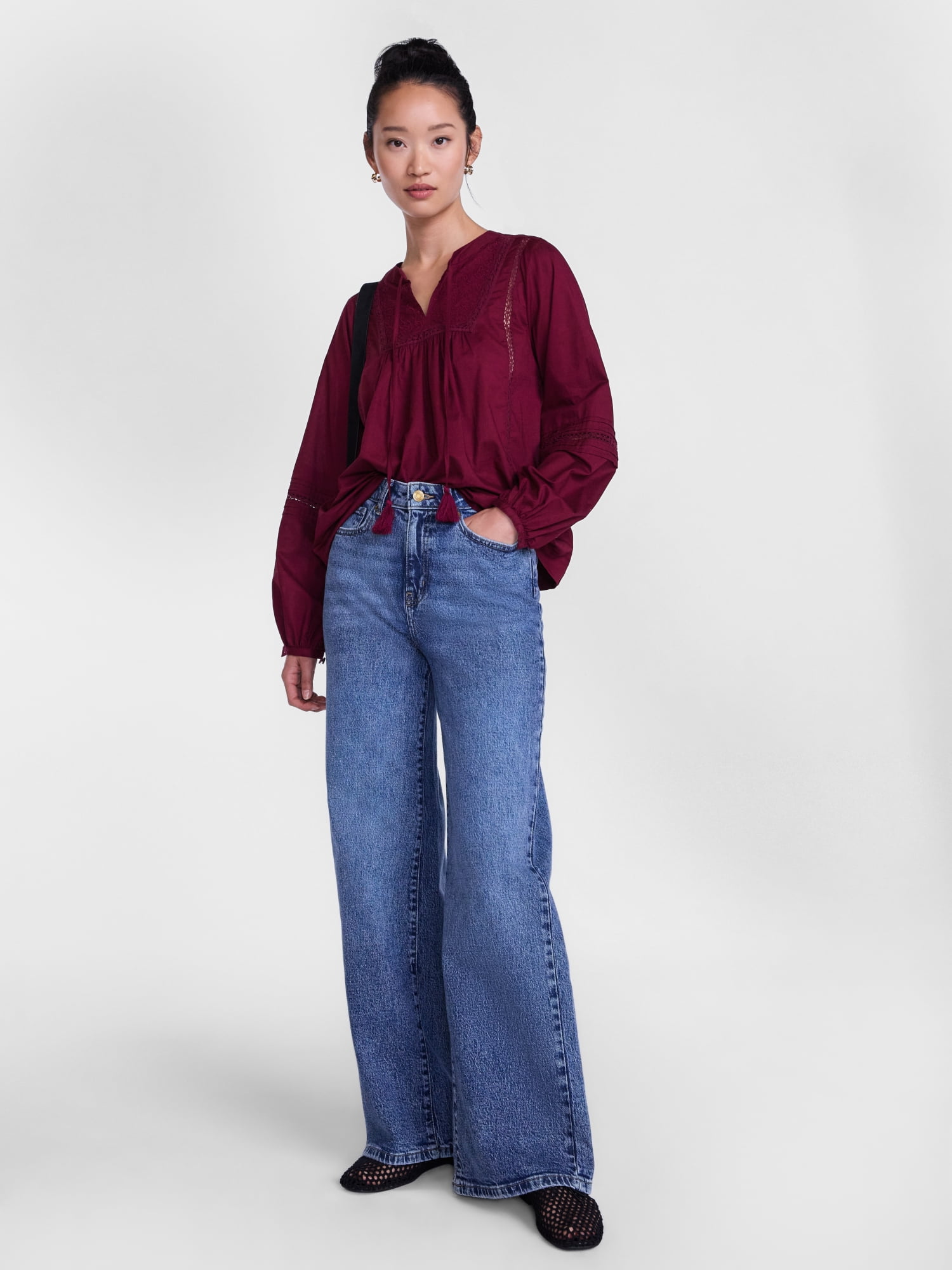 Scenario Women's and Women's Plus Embroidery Top with Lace Inserts, Sizes XS-4X