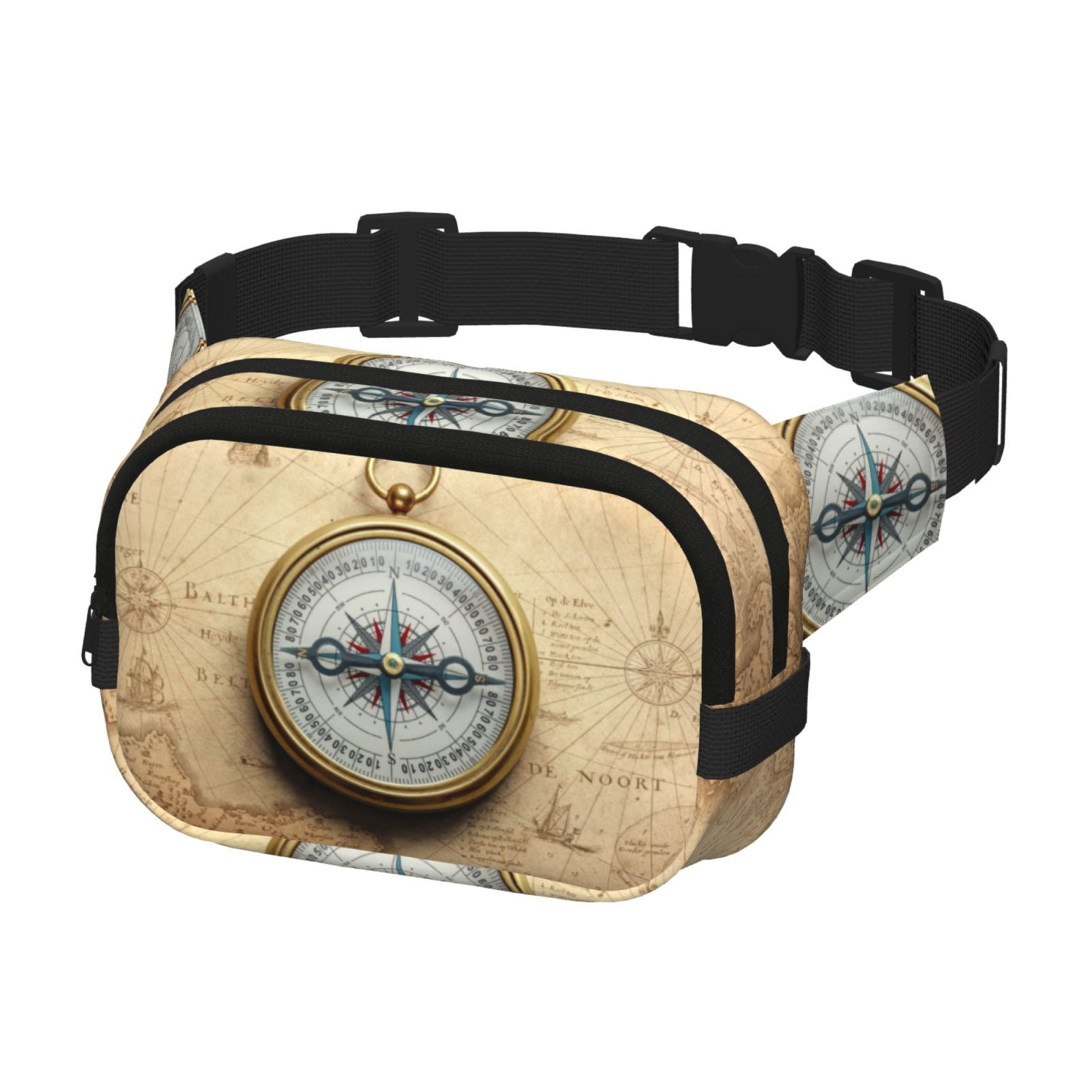 Picia Magnetic Old Compass On World Map Print Square Double-Layer Waist Bag Mini Adjustable Waist Belt Bag Exercise Running Travel Hiking
