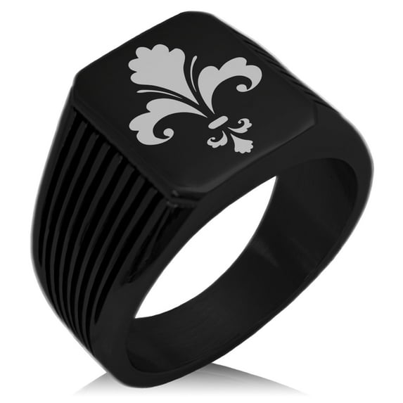 Stainless Steel Floral Fleur De Lis Needle Stripe Pattern Biker Style Polished Ring