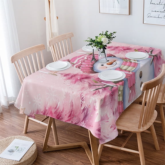 Pink Snowman Christmas Tablecloth Rectangle Table Cloth 60x84 , Waterproof Tablecloth Outdoor Table Cloth, Xmas Tree Winter Snowflake Pink Washable Table Cover for Kitchen Dining Party
