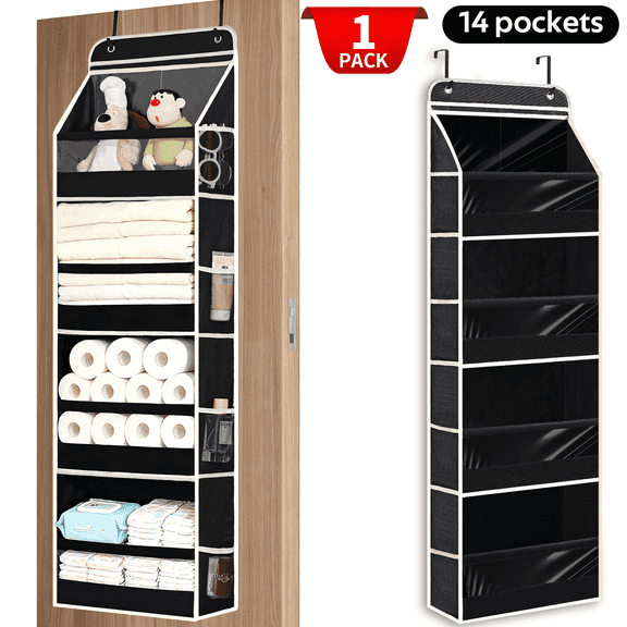 VOZOGO Over The Door Organizer Storage, 4 Shelf Hanging Door Organizer with 4 Large Capacity Pockets, Anti Tilt 60 lb Load Behind Door Storage for Bedroom, Bathroom, Pantry, Nursery, Black