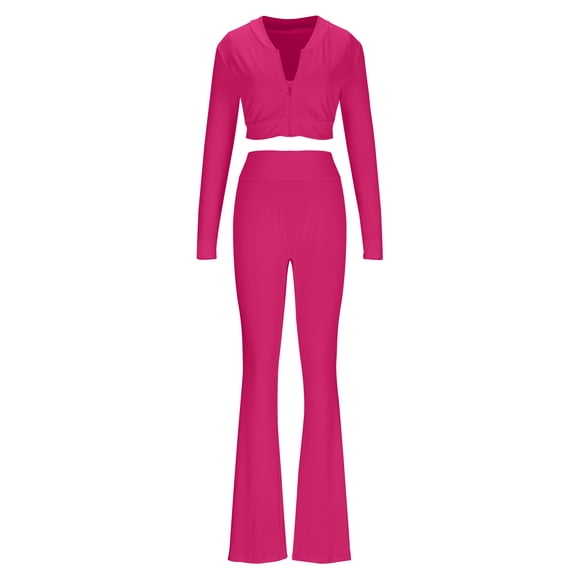 YUGYXL Women 3 Piece Sweatsuit Outfits Sets Long Sleeve Zipper Jacket Crop Tops and Long Flare Pants Set Workout Tracksuit Pink M