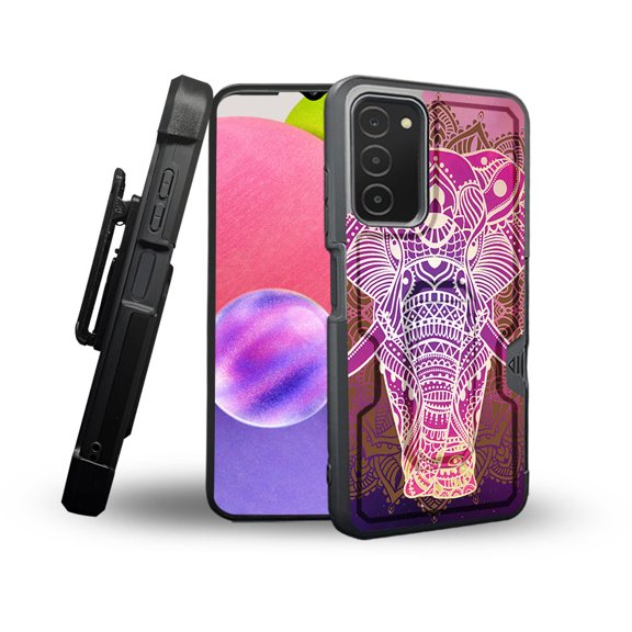 ANJ  Rugged Shockproof Holster Case Card Slot Kickstand   Tempered Glass Cover for Samsung Galaxy A03s - Pink Mandala Elephant