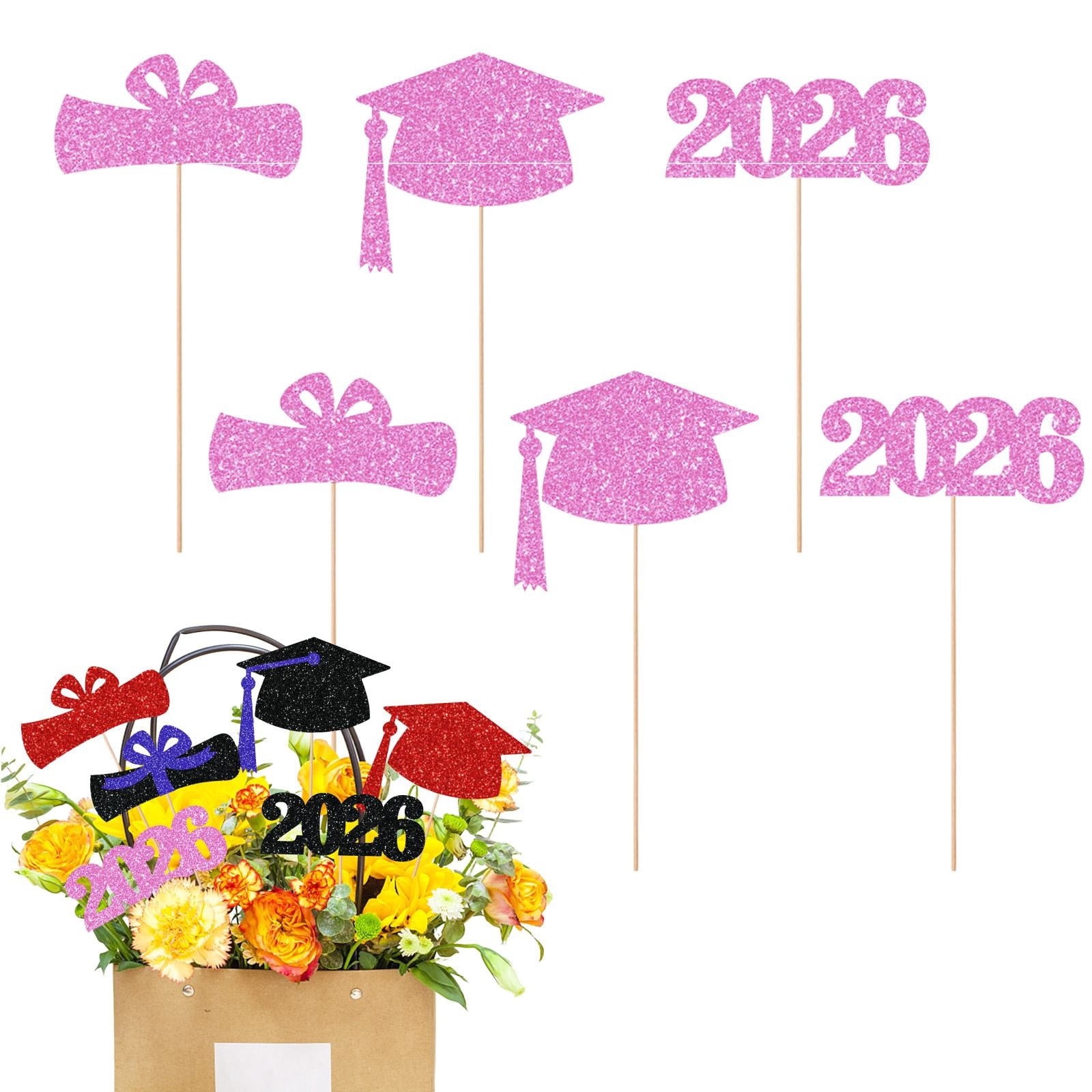 Glitter Graduation Cap Cutout Table Centerpiece Stick Decor for Graduation Party Desktop Vase Layout