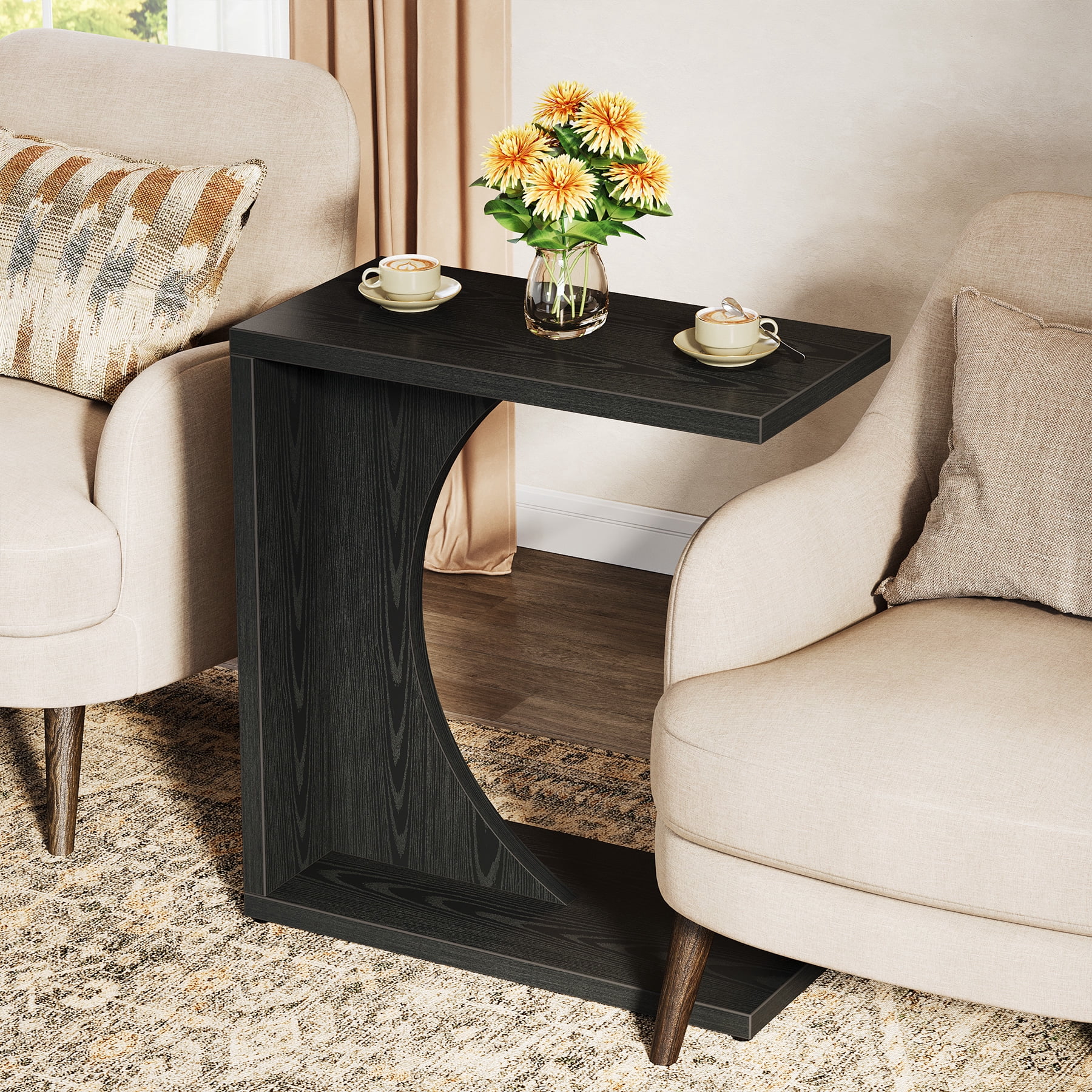 Fnova End Table Farmhouse C-shaped Side Table, Narrow Wooden Sofa Table with Space-Saving Design, Modern Bedside Table, Easy Assembly, Corner Table for Living Room, Bedroom, Nightstand, Black