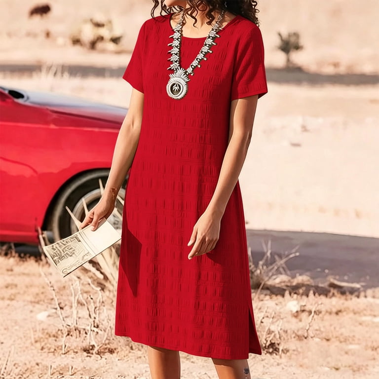 red linen dress plus size YUGYXL Women‘s Short Sleeve Cotton Linen Dress Crewneck Split Casual Plus  Size Summer Flowy Vacation Midi Dresses Khaki Dresses XL