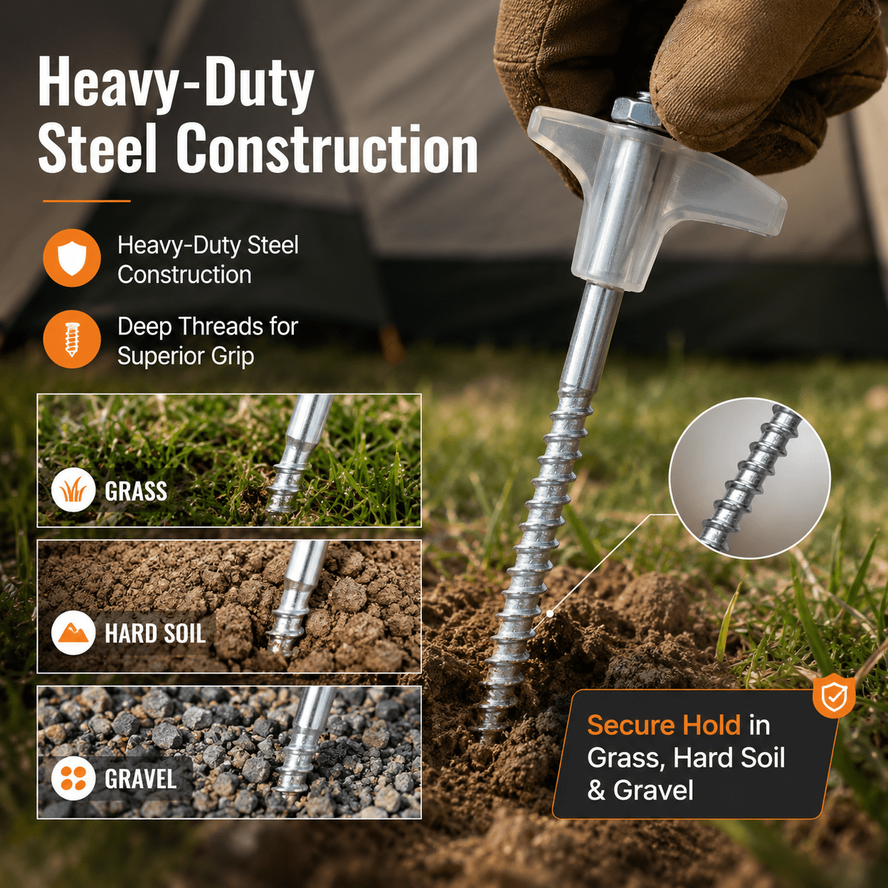Kabuer Heavy-Duty Screw-In Metal Tent Stakes with Hex Driver, 12-Pack