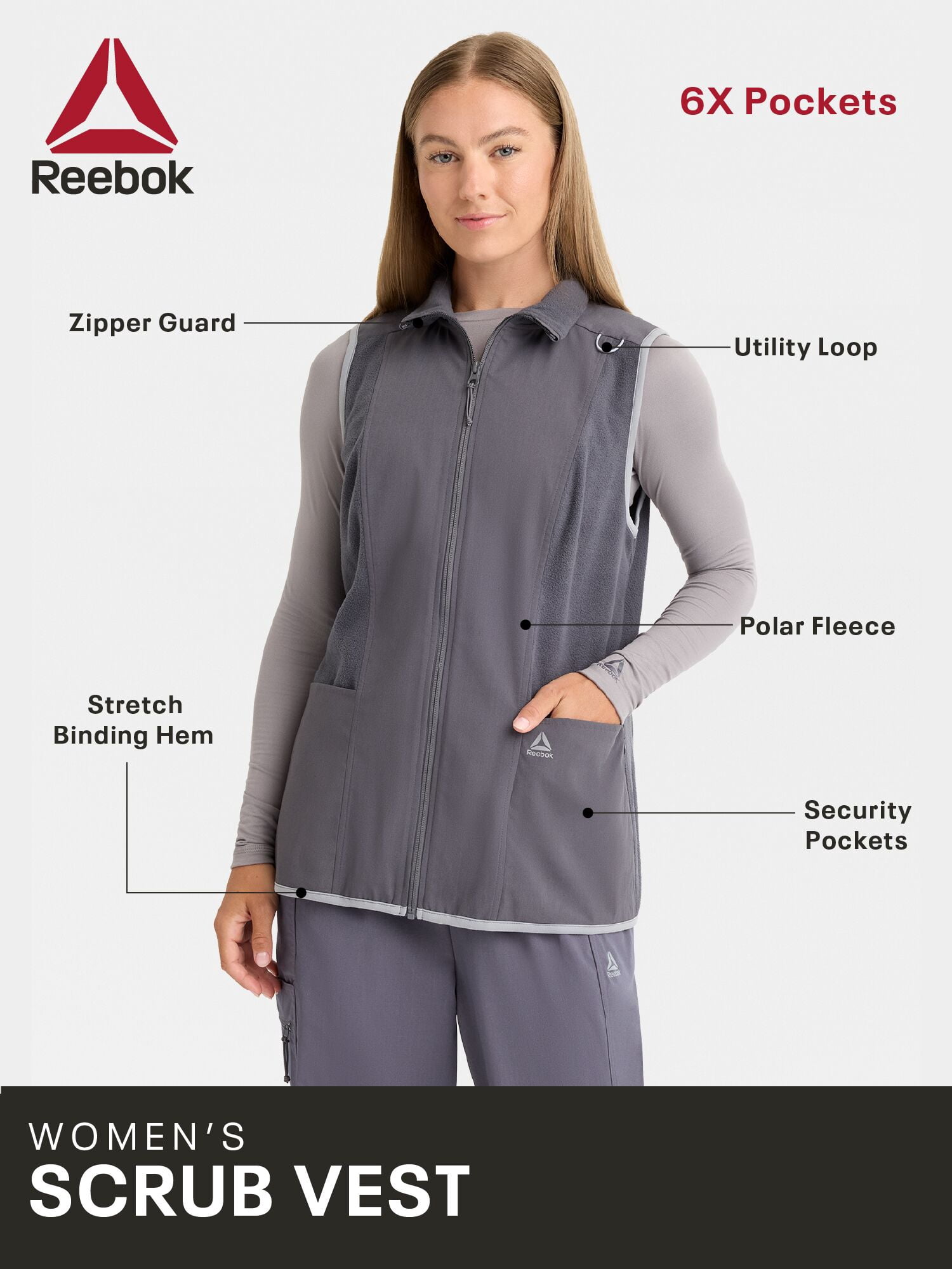 Reebok Women’s Tech Comfort Scrub Vest with 6 Pockets, Sizes S–3XL