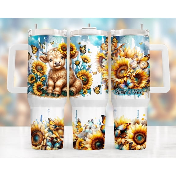 40oz Stainless Steel Tumbler with Highland Cows, Sunflowers and butterflies