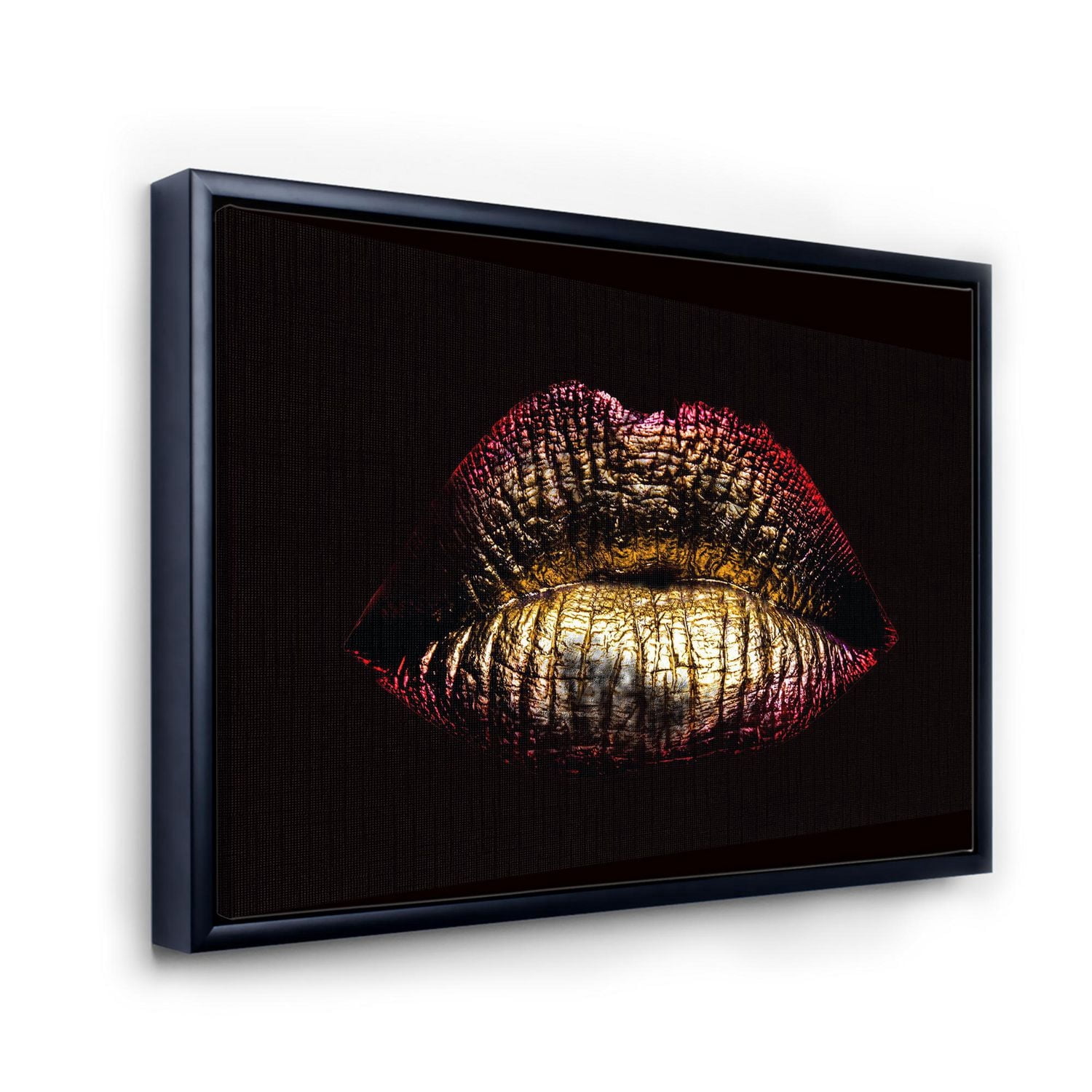 Designart Sexy Golden Metallized Female Lips IV FLOAT FRAME WALL ART