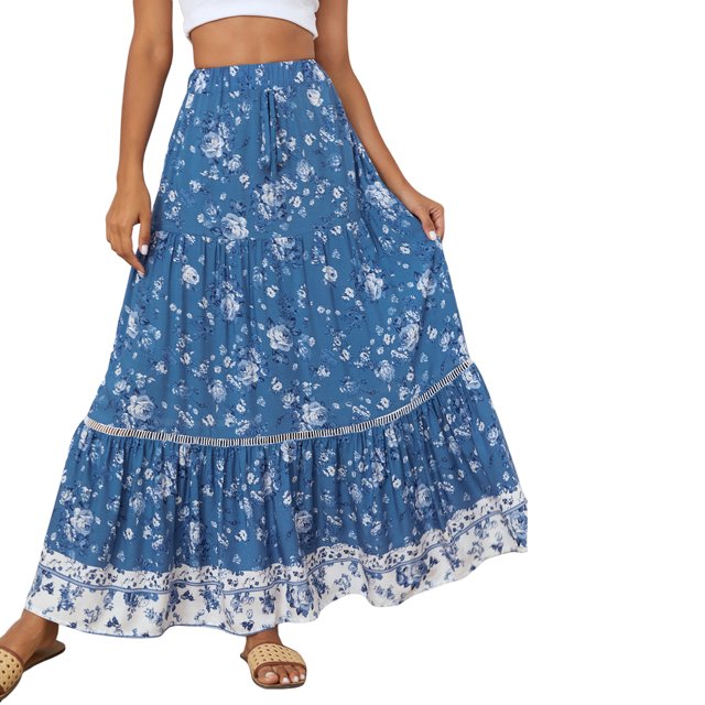 SAYOO Mujer Adolescente Verano Vintage Bohemio Floral Maxi Falda Elástica Cintura alta A-Line Ruffle Flowy Beach Falda larga SAYOO Diario /Fiesta