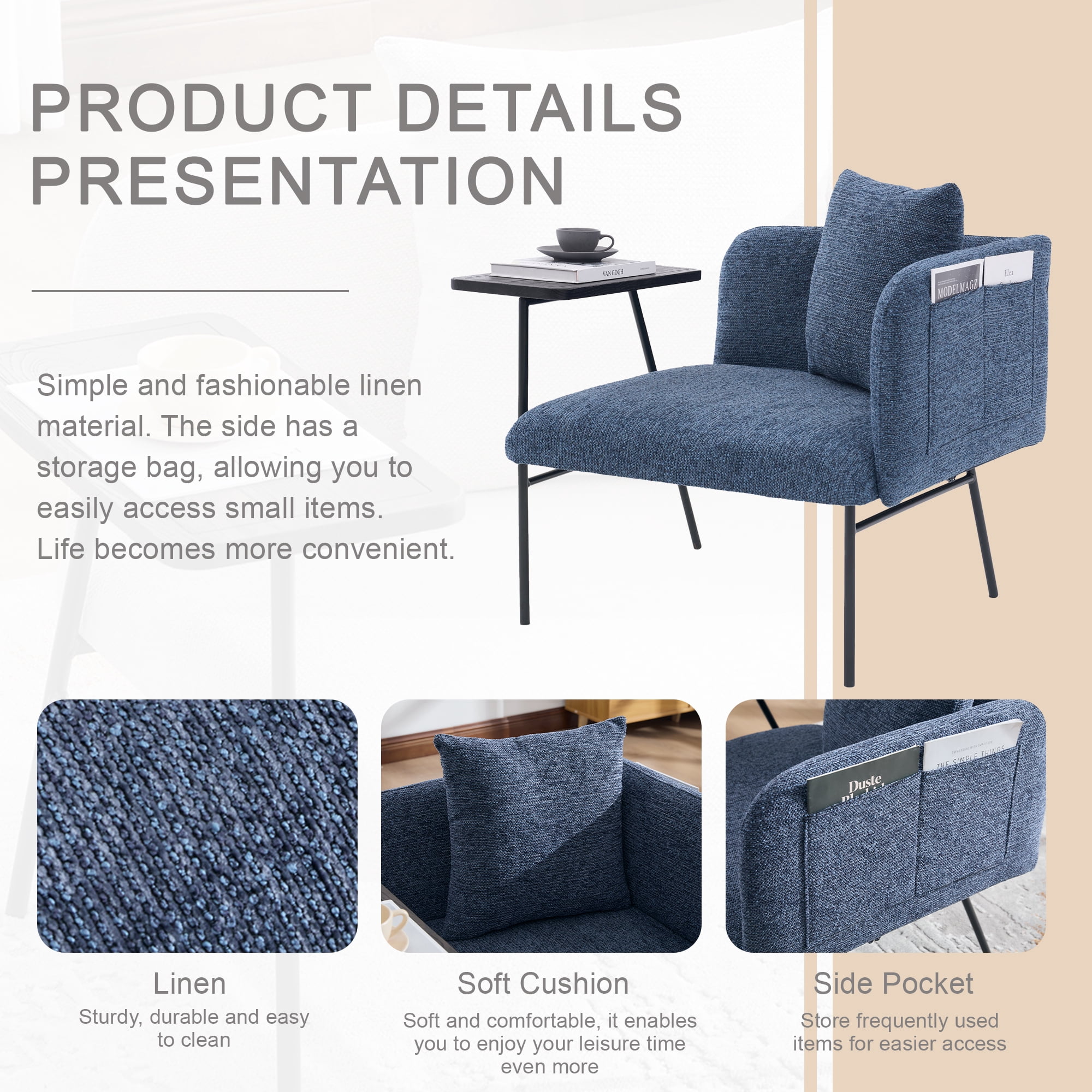 Upholstered Accent Lounge Chair with Small Table and Back Pillow, Modern Single Sofa Armchair with Metal Frame and Side Pockets, Navy Reading Seating for Bedroom Home Office