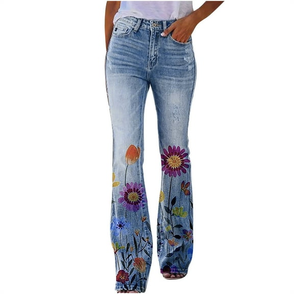 Bell Bottom Jeans For Women, Womens Elastic Waist Stretch Buttons Printing Thin Stretch Skinny Pants Trousers Purple XXXL