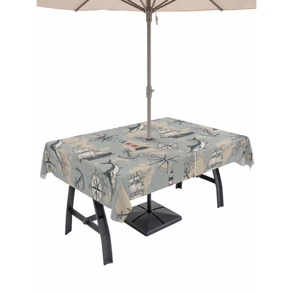 Outdoor Tablecloth with Umbrella Hole and Zipper, Blue Grey Seaports Rectangle Table Cloth 54x80 Inch Waterproof Tablecloth, Vintage Ocean Anchor Shark Lighthouse Picnic Table Cover for Patio Camping