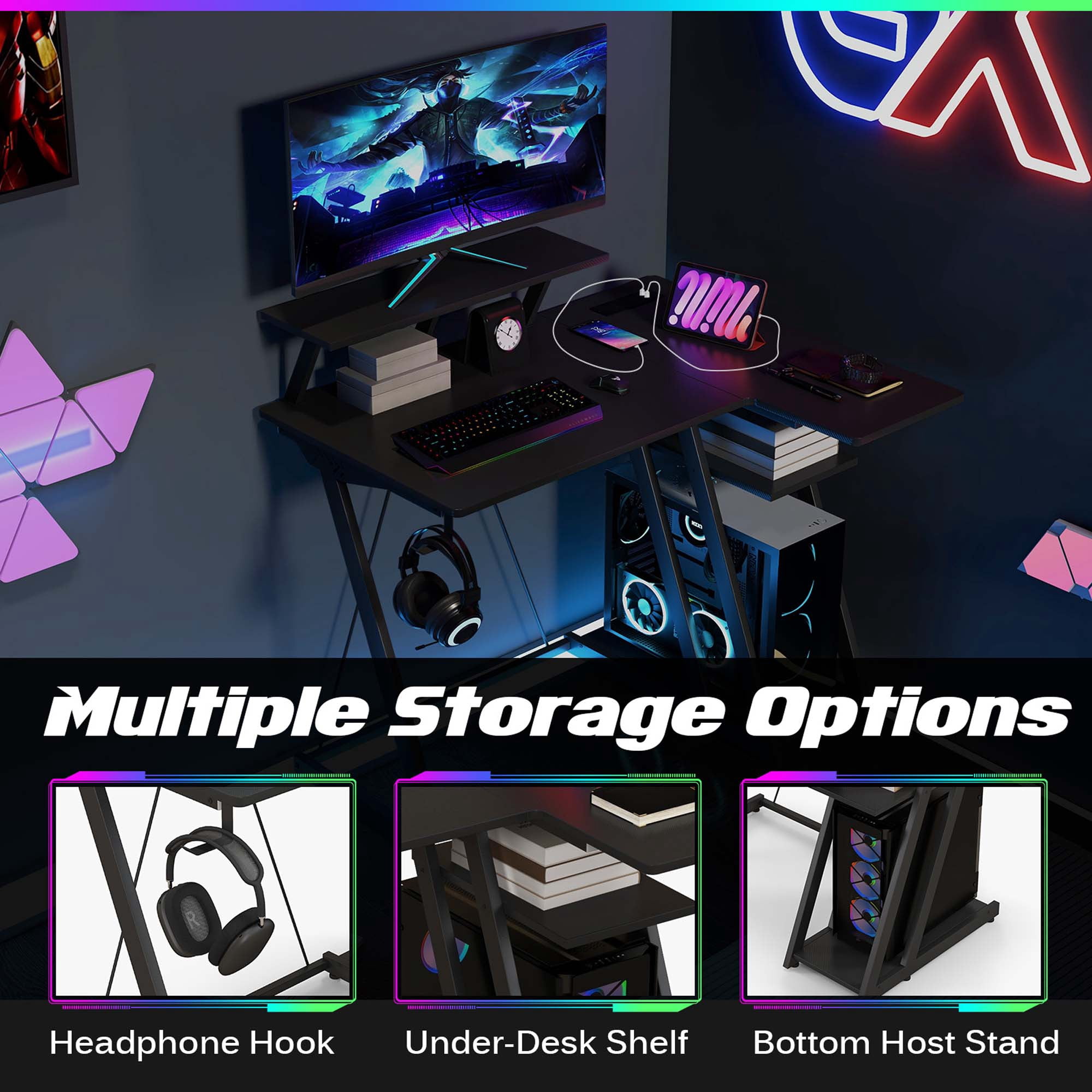 Costway L Shaped Gaming Desk with Outlets & USB Ports Monitor Shelf Headphone Hook Black