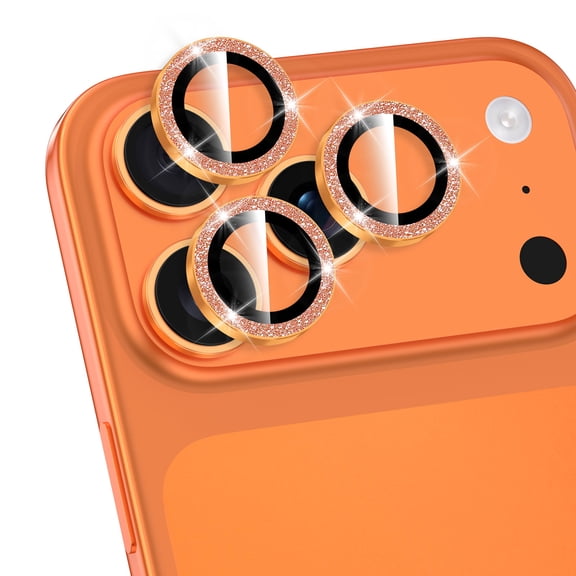 CASEFIV for iPhone 17 Pro,iPhone 17 Pro Max Camera Lens Protector,Individual Metal Ring Tempered Glass Lens Cover, [Strong Adsorption] Scratch Resistant-Thin HD Clear Lens Cover,1 Set-Orange Sparkly