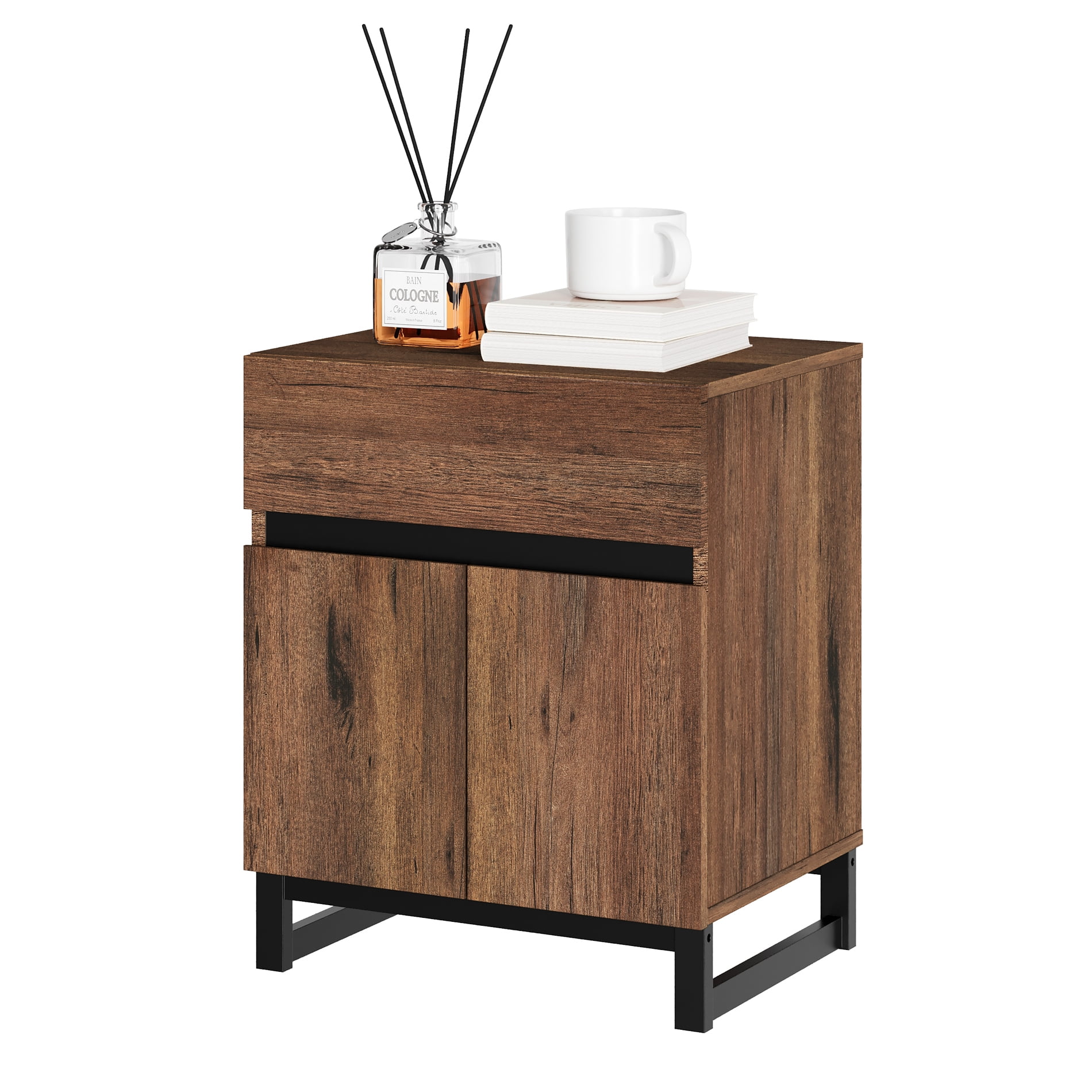WAMPAT Nightstand with 1 Drawer & 1 Storage Cabinet, Modern Bedside Table with 2 Open Door for Bedroom, Wood Rustic Side End Table for Living Room,Brown