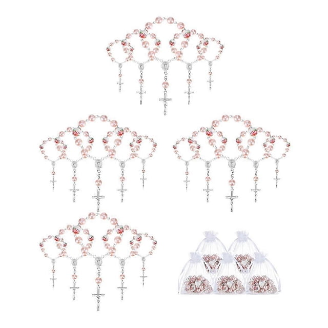 Recuerdos de bautizo que incluyen 25 rosarios rosas para bautizo, rosarios para bebés, mini rosarios y 25 bolsitas de organza. Regalos de bautizo.