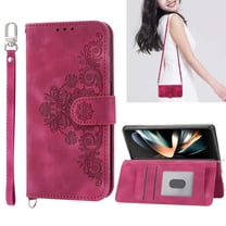 Dteck Wallet Phone Case for Samsung Galaxy Z Fold 4, Galaxy Z Fold4 Case with Card Slots Wrist Lanyard Shoulder Strap, Embossed PU Leather Shockproof Folio Flip Stand Case for Samsung Z Fold4 5G,Red