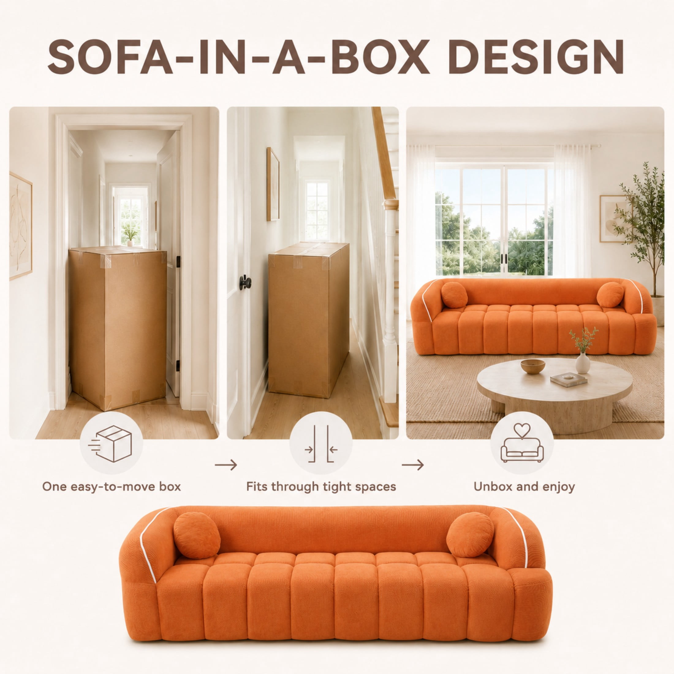 Aenkyo 99 Inch Corduroy Cloud Sofa Couch with Round Pillows, No Assembly, Orange