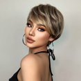 thumbnail image 6 of Female Hair Wigs - Short Golden Brown Wavy With Bangs, Layered Human Hair Wigs for Women, 6 of 6