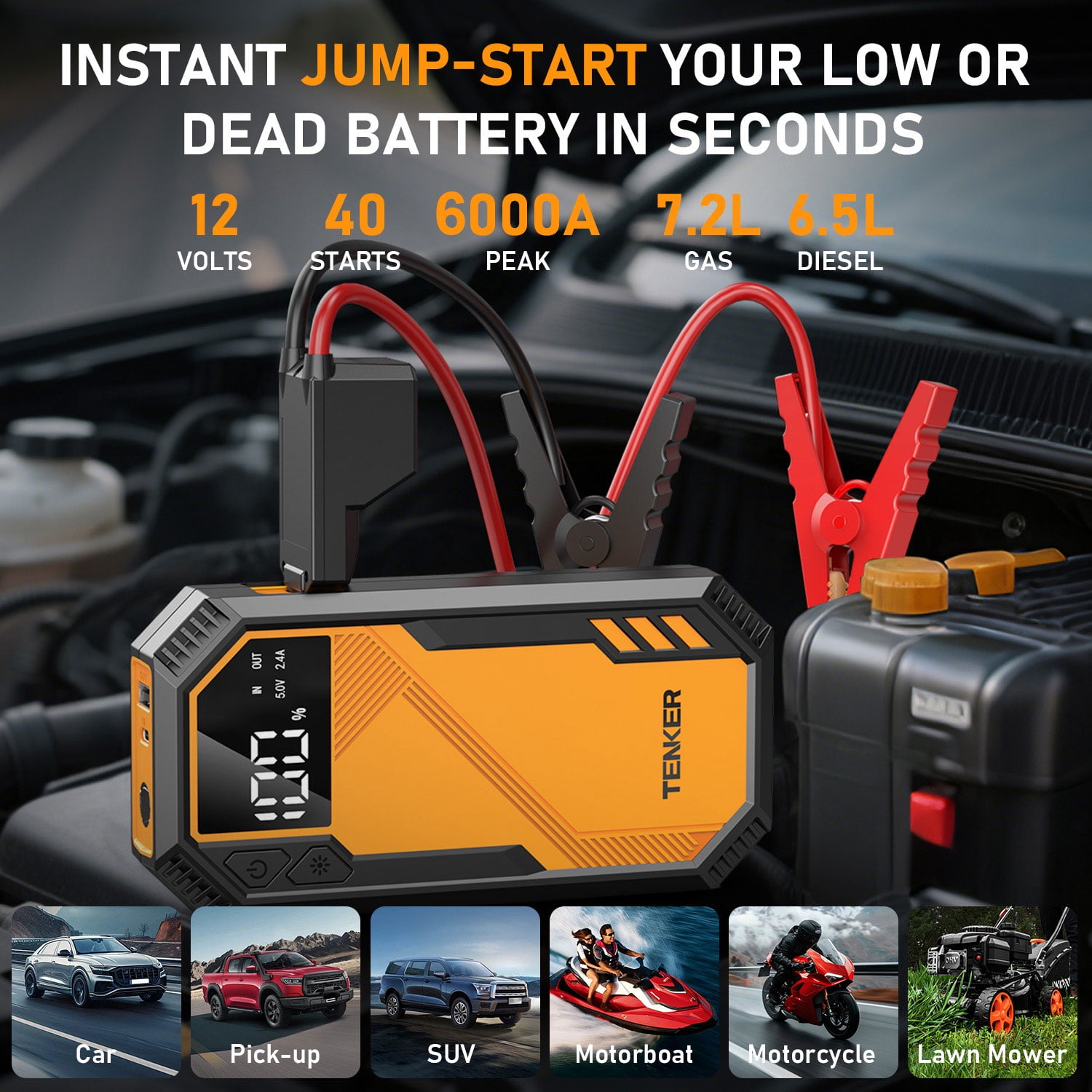 TENKER 6000A Car Battery Jump Starter, Portable Car Jump Starter with USB Quick Charge and DC Output, 12V Jump Pack with Built-in LED Bright Light, LCD Screen, Portable Power Bank Charger, Orange