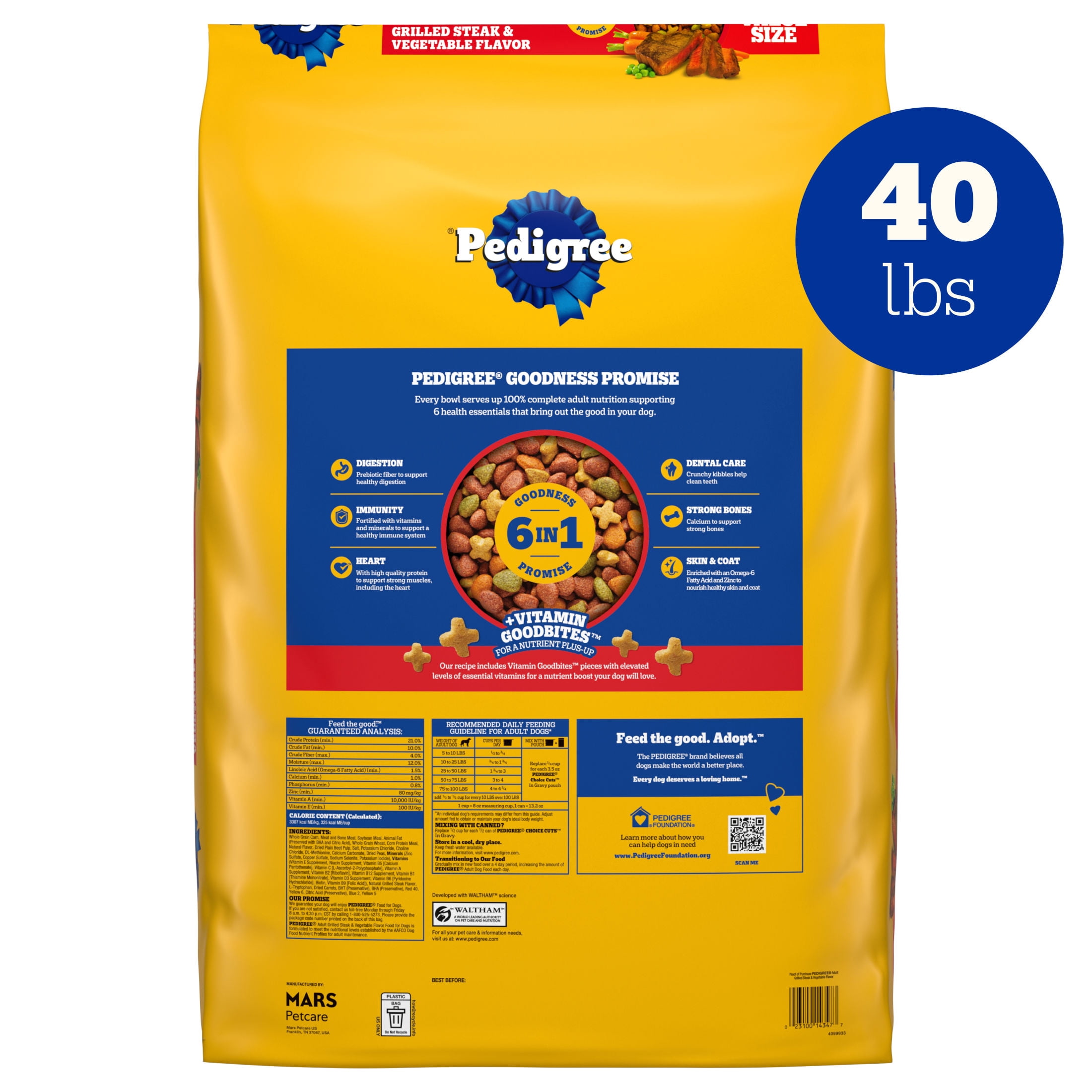 Pedigree High Protein Grilled Steak & Vegetable Flavor Adult Dry Dog Food, 40 lb Bag