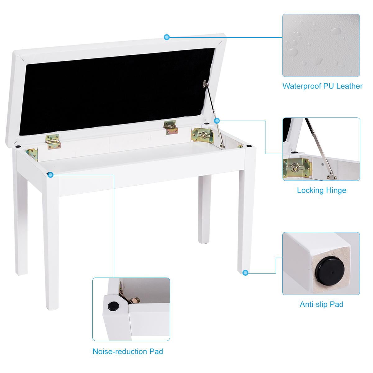 Giantex Piano Bench w/Seat Storage Cabinets, PU Leather Piano Bench, Wooden Piano Stool w/Locking Hinge, Perfect for Pianist, Beginner, Home & Comercial Use, White
