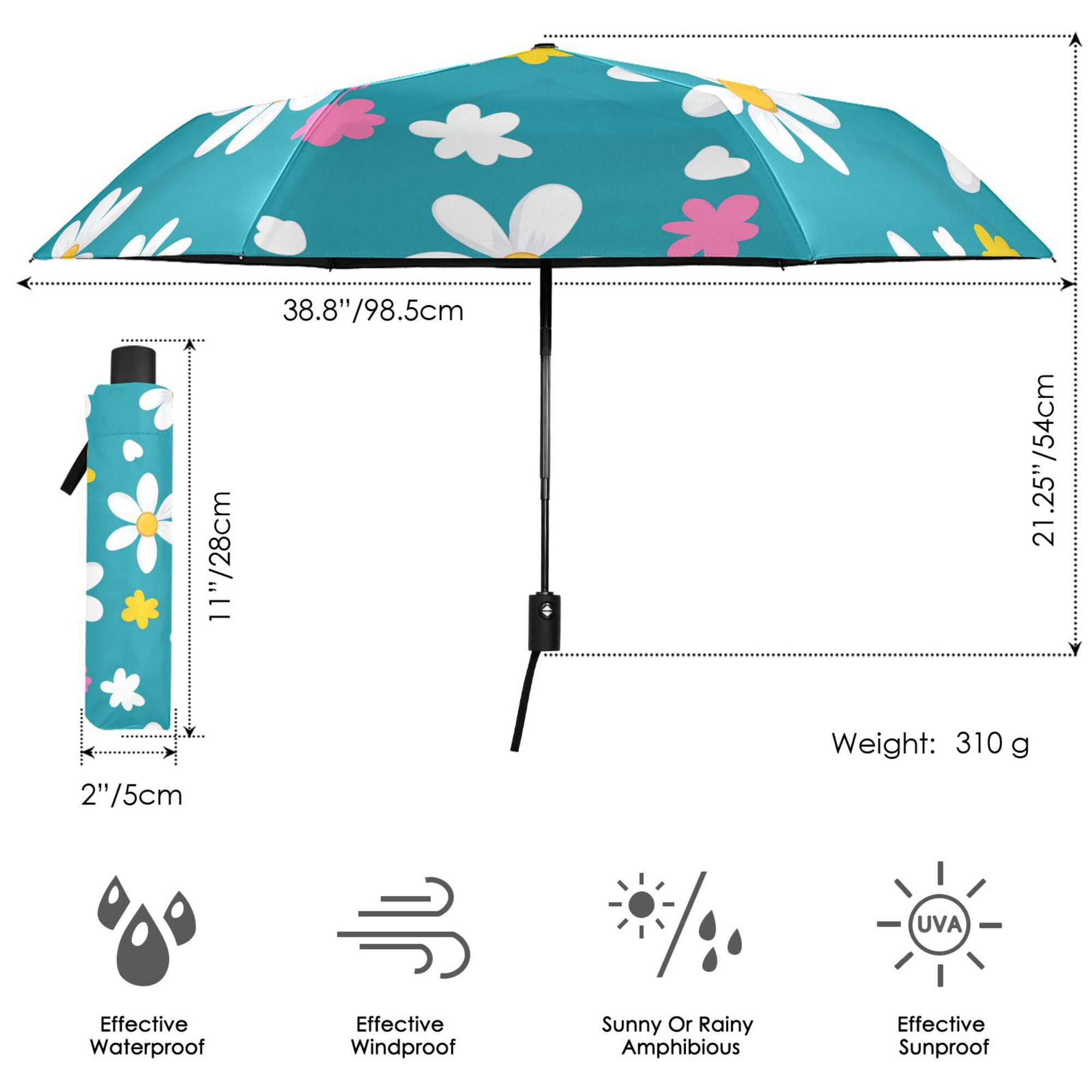 FORMRS Travel Umbrella Folding Auto Open Close Windproof Rain UV Protection, Small Daisy