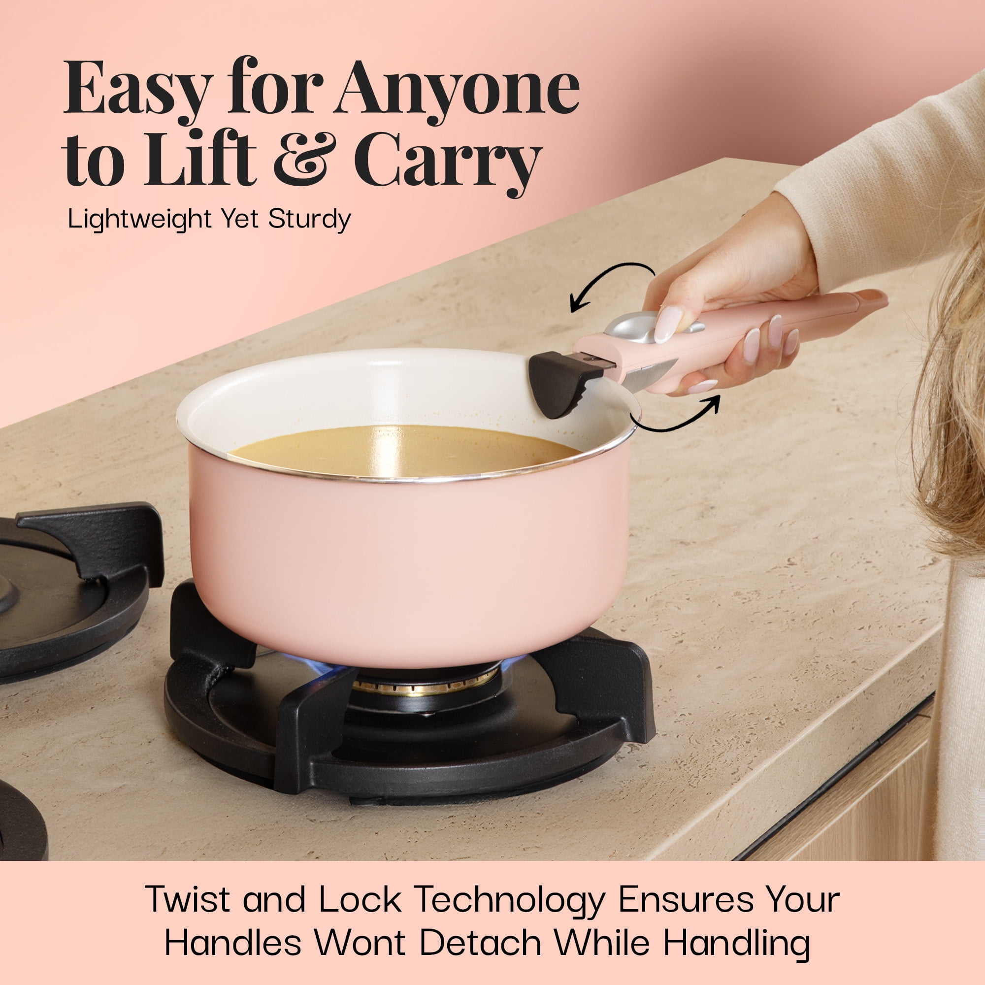 Gotham Steel 18 Pcs Pots and Pans set Non Stick, Ceramic Pan Cookware Set W/ Detachable Handle, RV Kitchen Cooking Set with Secure Lock Removable Handles, Oven Safe Nonstick Pan Set, Pink