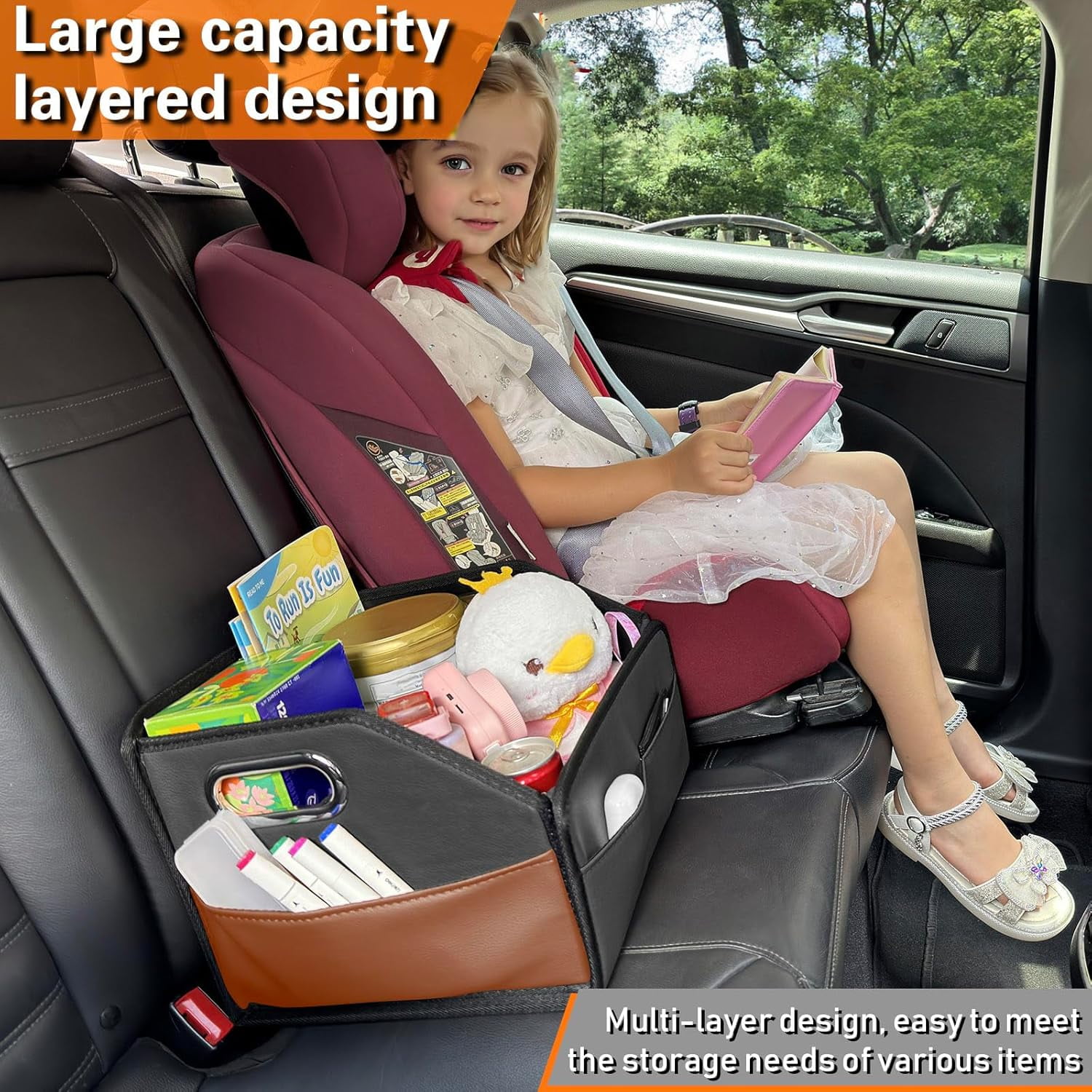 Noaman Leather Car Seat Organizer for Front & Back Seats with 6 Compartments & 3 Handles – Black & Brown