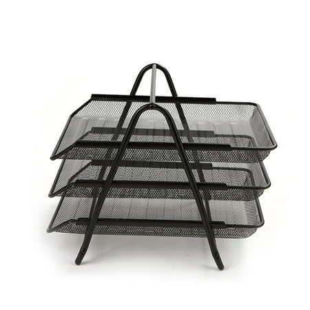 Mind Reader - Mesh Monitor Stand and 3 Tier Paper Organizer - Black