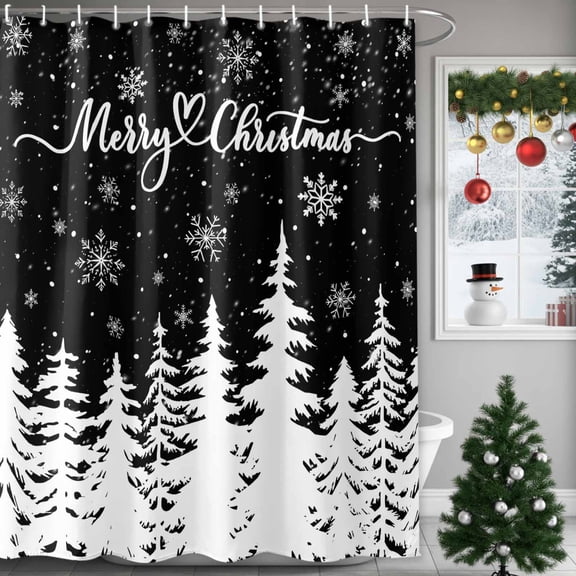 Small Stall Shower Curtain 36x72 Inch Narrow Half Size Black Christmas Trees Bath Curtains Bathroom Decor, Winter Xmas Snowflakes Pine Forest Waterproof Fabric Shower Curtain Set with Hooks 36 Inch