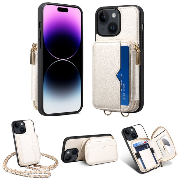 Nalacover for iPhone 15 Plus Crossbody Wallet Case for Women Men,Premium PU Leather Zipper Pocket ID Credit Card Slots Kickstand Phone Case with Removable Metal Shoulder Strap,White