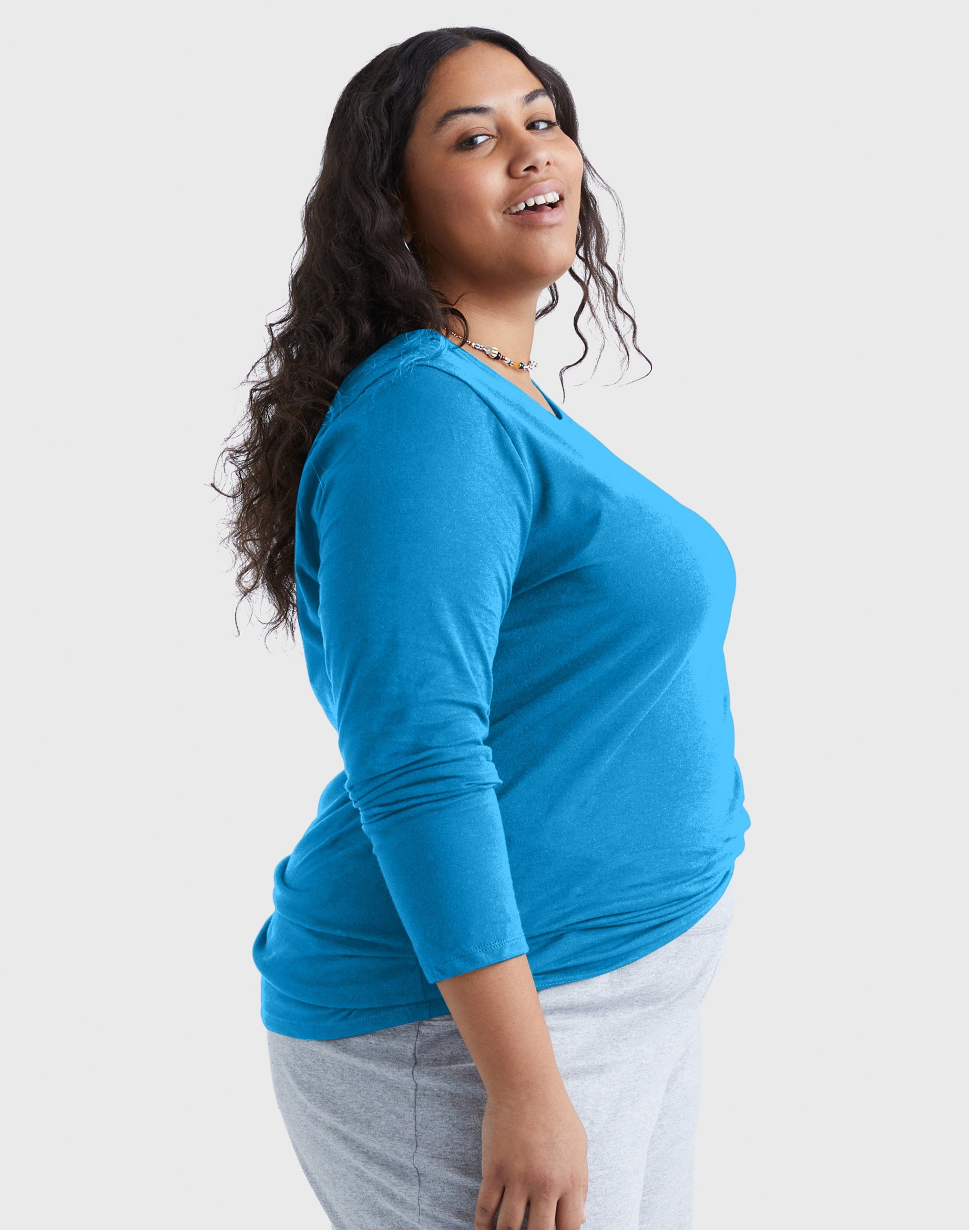 Hanes Women's Long Sleeve Scoop-Neck Cotton T-Shirt (Plus Size) Deep Dive 5X