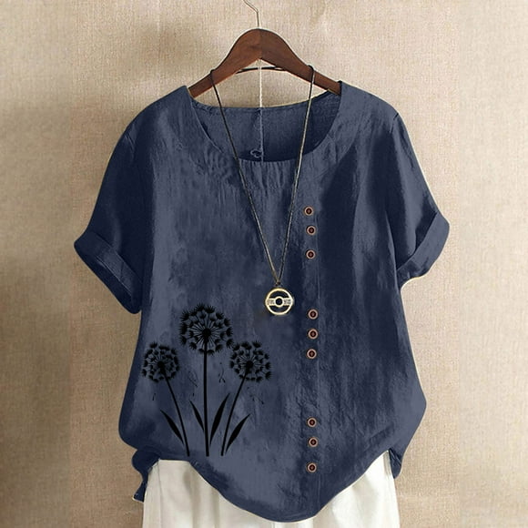 Staron Liquidation Hauts Tendance pour Femmes 2025 Manches Courtes Retroussées Été Grande Taille Coupe Ample Chemisiers Col Rond Imprimé Floral Tunique en Coton et Lin